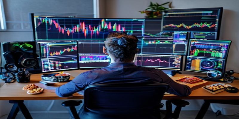 trader at desk with organized multi-monitor setup and healthy snacks
